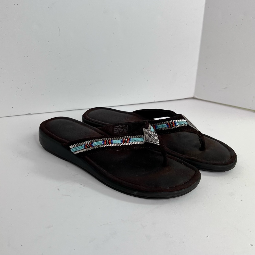 Minnetonka Sandals Women's Black Leather Beaded Flip Flop Boho Size 7